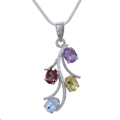 Garnet and citrine floral necklace, 'Summer Promise' - Gemstone Necklace Artisan Silver Jewelry from India