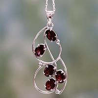Sterling Silver and Garnet Necklace from India Jewelry,'Five Roses'