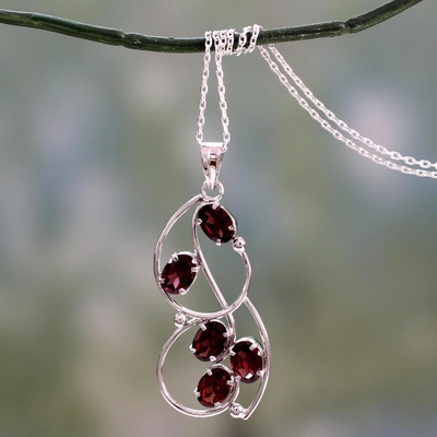 Garnet pendant necklace, 'Five Roses' - Sterling Silver and Garnet Necklace from India Jewelry