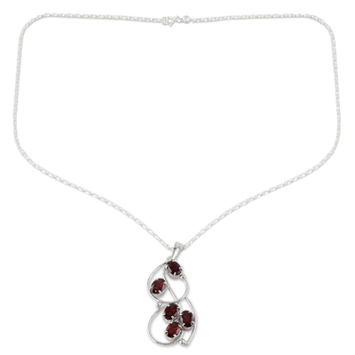 Garnet pendant necklace, 'Five Roses' - Sterling Silver and Garnet Necklace from India Jewelry