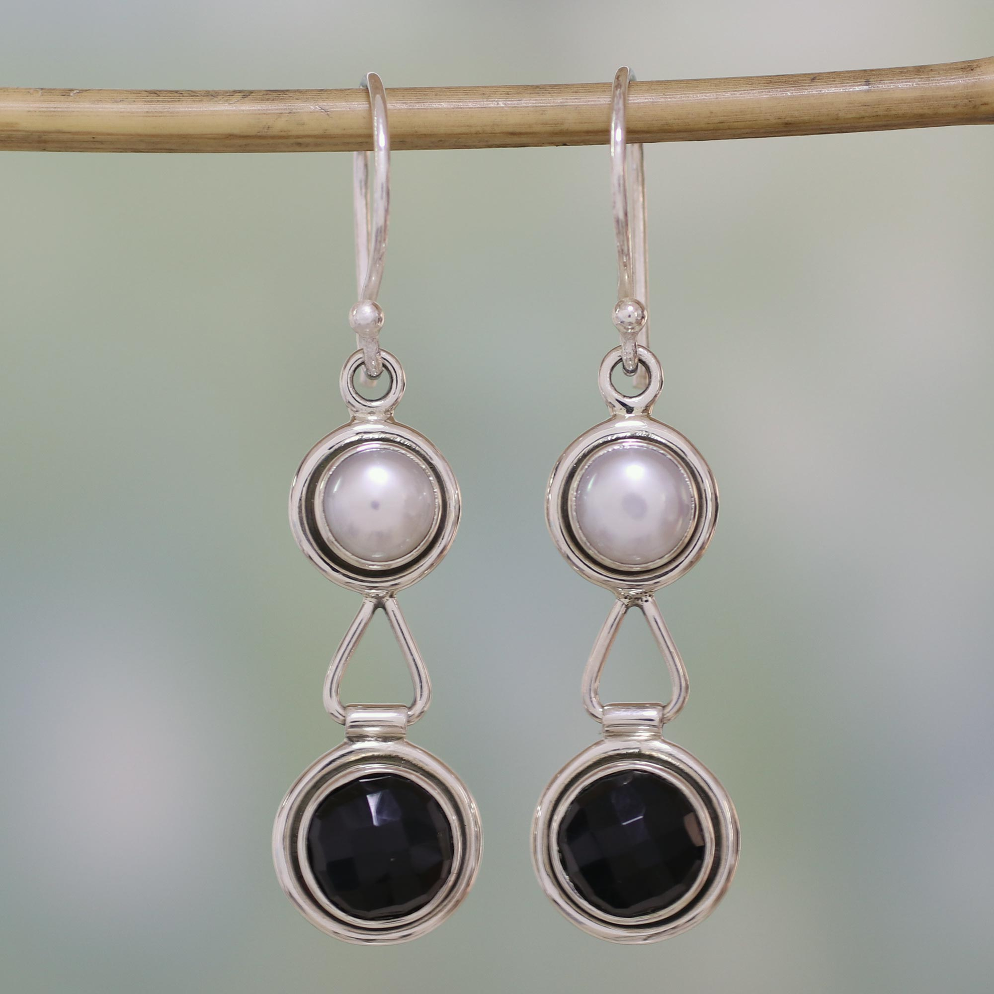 Handcrafted Pearl and Onyx Dangle Earrings - Double Charm | NOVICA