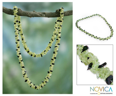 Peridot and onyx long necklace, 'Forest Shadow' - Onyx and Peridot Necklace Handmade Indian Beaded Jewellery