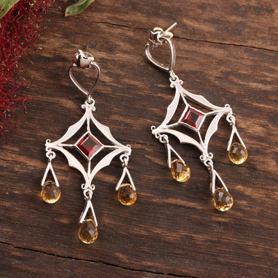 Citrine and garnet chandelier earrings, 'Glamorous' - Citrine and garnet chandelier earrings