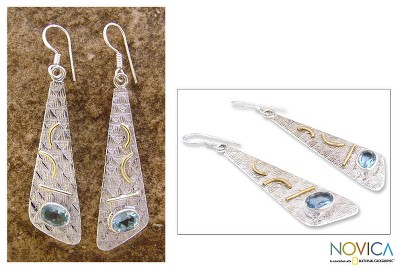 Blue topaz earrings, 'Art Deco' - Sterling Silver and Blue Topaz Earrings from India Jewelry