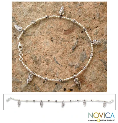 Sterling silver anklet, 'Spring Leaves' - Fair Trade Sterling Silver Charm Anklet