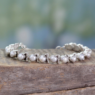 Pearl tennis bracelet, 'Pure Chic' - Women's Jewellery Bridal Sterling Silver Pearl Bracelet