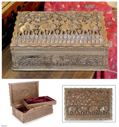 Walnut jewelry box, 'Elephant Trek' - Walnut jewelry box