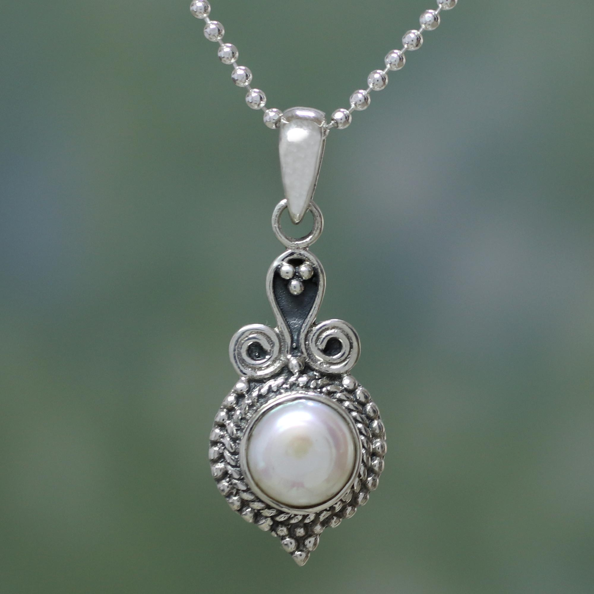 Artisan Crafted Sterling Silver Necklace with Pearl Pendant , 'Cloud of  Desire'