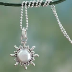 Pearl pendant necklace, 'Quiet Sun' - Pearl Necklace Sun and Moon Sterling Silver Pendant