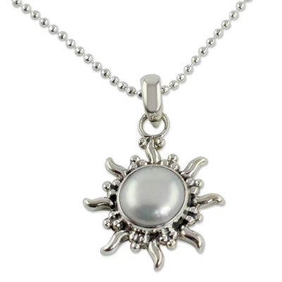 Pearl pendant necklace, 'Quiet Sun' - Pearl Necklace Sun and Moon Sterling Silver Pendant