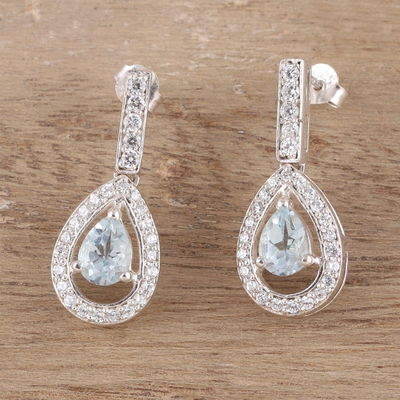 Blue topaz dangle earrings, 'Arctic Tear' - Artisan Crafted Blue Topaz and Cubic Zirconia Earrings