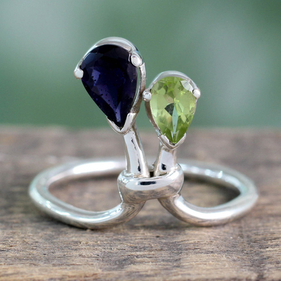 Peridot and iolite cocktail ring, 'You and Me' - Iolite and Peridot Ring India Silver Jewelry