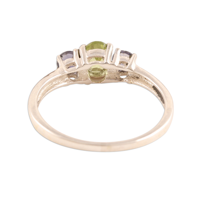Iolite and peridot 3 stone ring, 'Blue Embrace' - Peridot and Iolite Ring on Sterling Silver from India