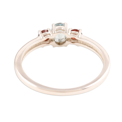 Garnet and blue topaz 3-stone ring, 'Passionate Embrace' - Blue Topaz and Garnet Ring