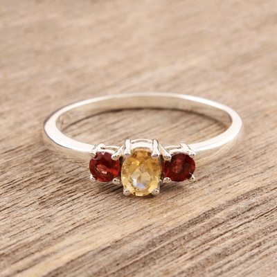 Garnet and citrine 3-stone ring, 'Passionate Embrace' - India jewellery Citrine and Garnet Sterling Silver Ring