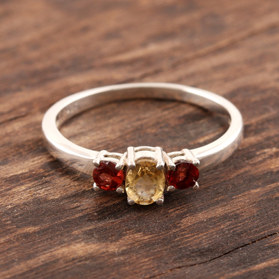 Garnet and citrine 3-stone ring, 'Passionate Embrace' - India Jewelry Citrine and Garnet Sterling Silver Ring