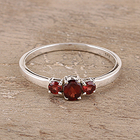 Garnet 3 stone ring, 'Passion's Glow' - Garnet Ring India Birthstone Jewelry