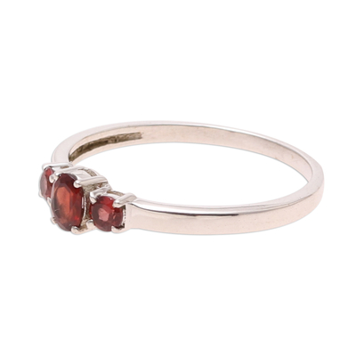 Garnet 3 stone ring, 'Passion's Glow' - Garnet Ring India Birthstone Jewellery