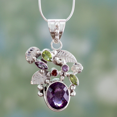 Multigemstone Indian Jewelry Sterling Silver Necklace - Plum Blossom ...