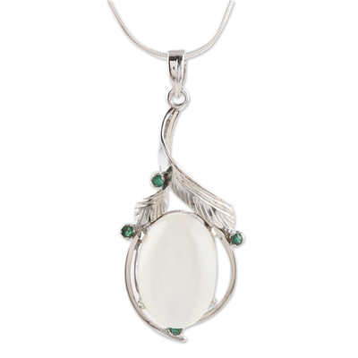 Emerald and moonstone pendant necklace, 'Mystic Princess' - Fair Trade Jewelry Sterling Silver Moonstone Necklace