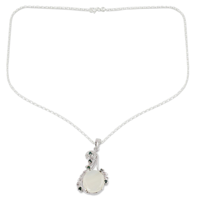Moonstone and emerald necklace, 'Enchanted Moon' - Fair Trade Jewelry Sterling Silver and Moonstone Necklace