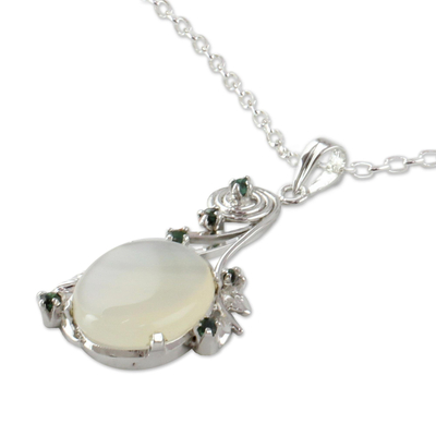 Moonstone and emerald necklace, 'Enchanted Moon' - Fair Trade Jewelry Sterling Silver and Moonstone Necklace