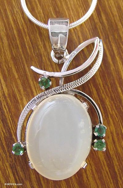 Moonstone and emerald pendant necklace, 'Moonlight Illusion' - Moonstone and emerald pendant necklace