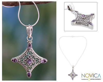 Amethyst pendant necklace, 'Jaipur Diamond' - Handcrafted Indian Sterling Silver and Amethyst Necklace