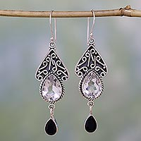Quartz and onyx dangle earrings, 'Queen of Jaipur'