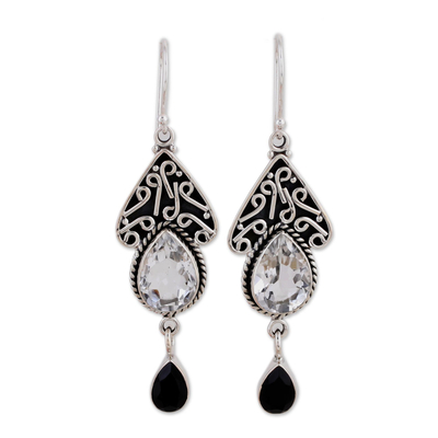 Quartz and onyx dangle earrings, 'Queen of Jaipur' - Quartz and Onyx Silver Dangle Earrings