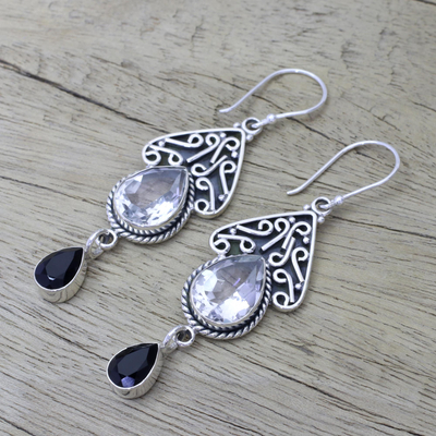 Quartz and onyx dangle earrings, 'Queen of Jaipur' - Quartz and Onyx Silver Dangle Earrings