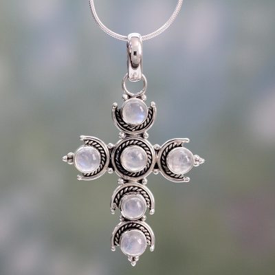 Rainbow moonstone cross necklace, 'Cross of Purity' - Rainbow Moonstone Cross Necklace