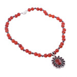Garnet and carnelian pendant necklace, 'Passionate' - Garnet and Carnelian Necklace India Silver Jewelry