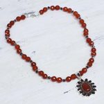 Garnet and carnelian pendant necklace, 'Passionate' - Garnet and Carnelian Necklace India Silver Jewelry