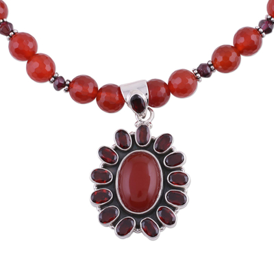 Garnet and carnelian pendant necklace, 'Passionate' - Garnet and Carnelian Necklace India Silver Jewelry
