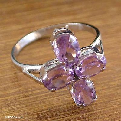 Unique February Birthstone Amethyst and Sterling Silver 4 Stone Ring