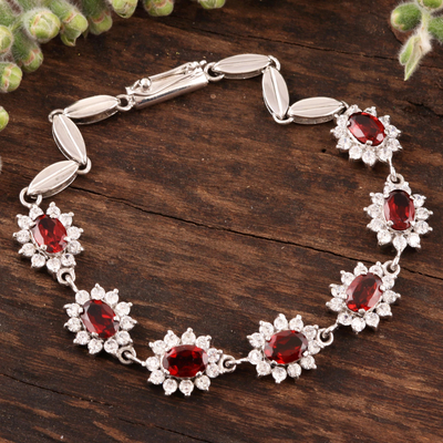 Garnet flower bracelet, 'Scarlet Blossoms' - Garnet flower bracelet