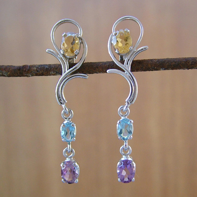 Amethyst and citrine drop earrings, 'Spring Princess' - Silver Multigem Earrings