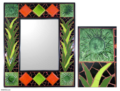 Mirror, 'Green Sunflower Magic' - Artisan Crafted Mosaic Tile Wall Mirror from India 