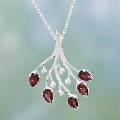 Garnet floral necklace, 'Rosebuds' - Hand Made Sterling Silver with Garnet Necklace from India