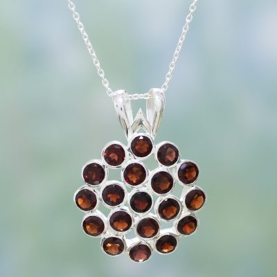 Garnet pendant necklace, 'Fire Flower' - Garnet pendant necklace