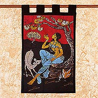 Batik-Baumwoll-Wandbehang, „Mädchen im Garten“ – Fair-Trade-Baumwoll-Wandbehang in Batik aus Indien