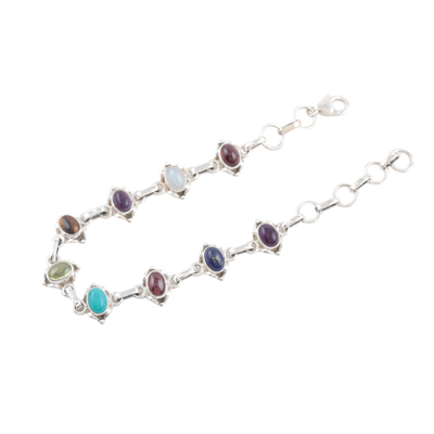 Lapis and rainbow moonstone tennis bracelet, 'Color Medley' - Sterling Silver Link Multigem Bracelet from India