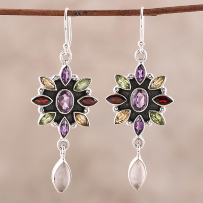 Multi-gemstone flower earrings, Precious Petals