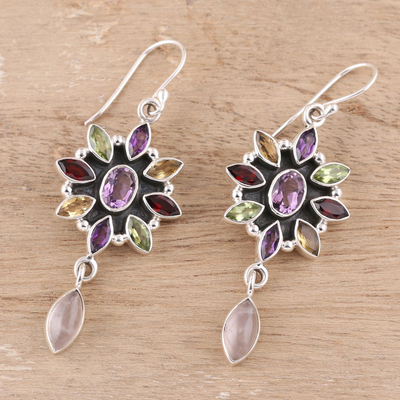 Multi-gemstone flower earrings, 'Precious Petals' - Floral Multigem Dangle Earrings from India