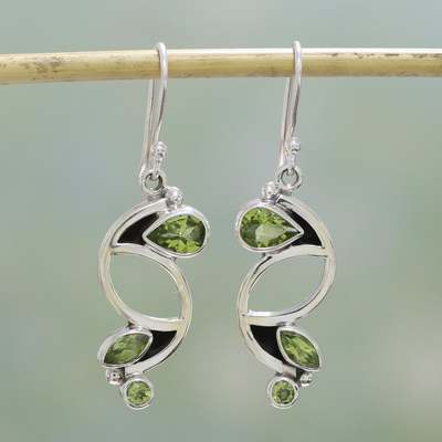 Peridot dangle earrings, 'Intricate Harmony' - Sterling Silver and Peridot Earrings Fair Trade Jewelry