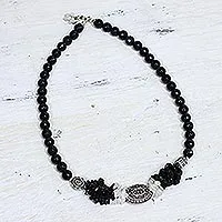 Onyx and moonstone strand necklace, 'Treasure' - Bollywood Styled Moonstone and Onyx Sterling Silver Necklace