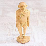 Wood Gandhi Sculpture Statuette Hand Carved in India, 'Gandhi Preacher of Peace'