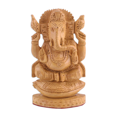 Wood sculpture, 'Ganesha on the Conch Throne' - Wood sculpture