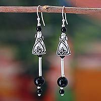 Onyx earrings, 'Palace Bell' - Sterling Silver and Onyx Dangle Earrings